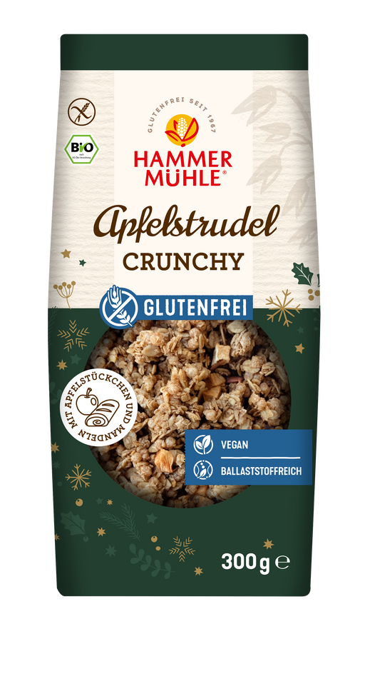 Apfelstrudel Crunchy 300g -Hammermühle Bio
Diese knusprige Spezialität vereint die fruchtigen Noten von saftigen Äpfeln, süßen Rosinen und dem wärmenden Aroma von Zimt – eine verlockende Mischung, die an den klassischen Apfelstrudel erinnert.