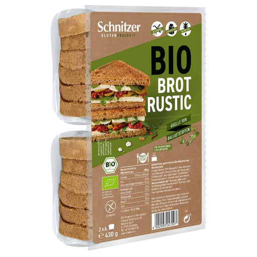Brot rustic 430g -Schnitzer Bio
 Die herzhaften Brot Rustic Bio-Brotscheiben von Schnitzer sind sowohl knackig geröstet als auch frisch aus der Packung ein wahrer Genuss.