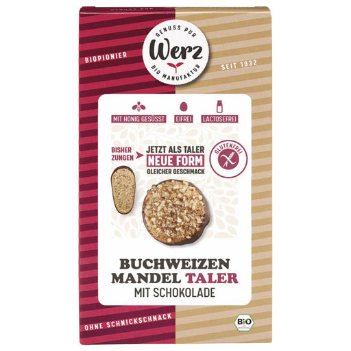 Buchweizen Mandel Taler- 150g  - Werz Bio
Die köstliche Glasur verleiht den glutenfreien Mandel-Taler einen schokoladigen Kick. Probieren Sie diese Süßigkeit zum nächsten Kaffee... Sie werden begeistert sein!