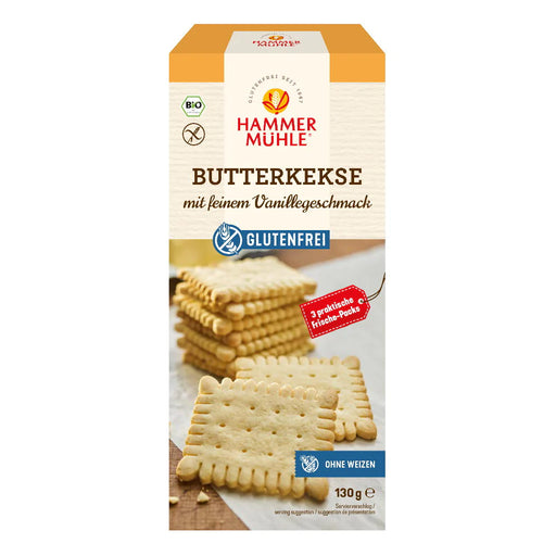 Butterkekse mit feinem Vanillegeschmack 130g- Hammermühle Bio
Die knusprigen glutenfreien Butterkekse mit feinem Vanillegeschmack und ohne Weizen sind genau das Richtige zum Kaffeekränzchen oder für zwischendurch zum Naschen.
