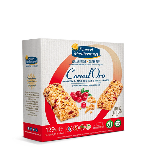 Cereal Oro - Riegel mit Cranberrys 129g- Piaceri Mediterranei
Der fruchtige Snack von Piaceri Mediterranei ist eine ausgezeichnete Wahl für eine kleine Zwischenmahlzeit und garantiert glutenfrei.