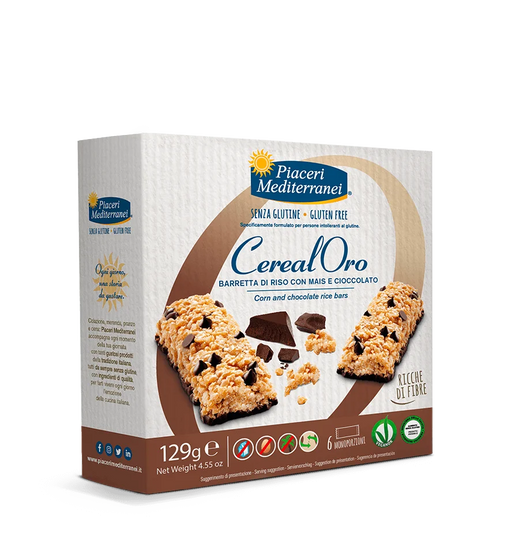 Cereal Oro - Riegel mit Schokolade 129g- Piaceri Mediterranei
Der neue schokoladige Snack, Baretta di Riso con Mais e Cioccolato, ist ideal für den kleinen Hunger zwischendurch und wird von Piaceri Mediterranei natürlich glutenfrei produziert.