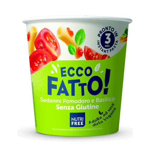Ecco Fatto Instant Cup Sedanini Pomodoro e Basilico 70g-Nutri Free
In nur drei Minuten erfreuen Nutrifree- Fertignudeln mit glutenfreien Tomaten und Basilikum den Gaumen und zaubern ein Lächeln zurück.