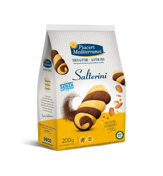 Salterini Kakao-Mandel Kekse 200g - Piaceri Mediterranei
Die Salterini Kekse sind knusprige, glutenfreie Mandel-Kakao Kekse, die sich hervorragend als süßer Snack für zwischendurch eignen.