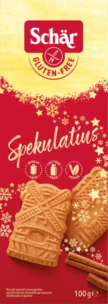 Spekulatius 100g - Schär
Glutenfreie Spekulatius von Schär. Feinster Gewürzspekulatius aus Mürbeteig: Kardamom, Gewürznelke, Zimt sorgen für Weihnachtsstimmung. Glutenfreie, weizenfreie und laktosefreie Spekulatius.