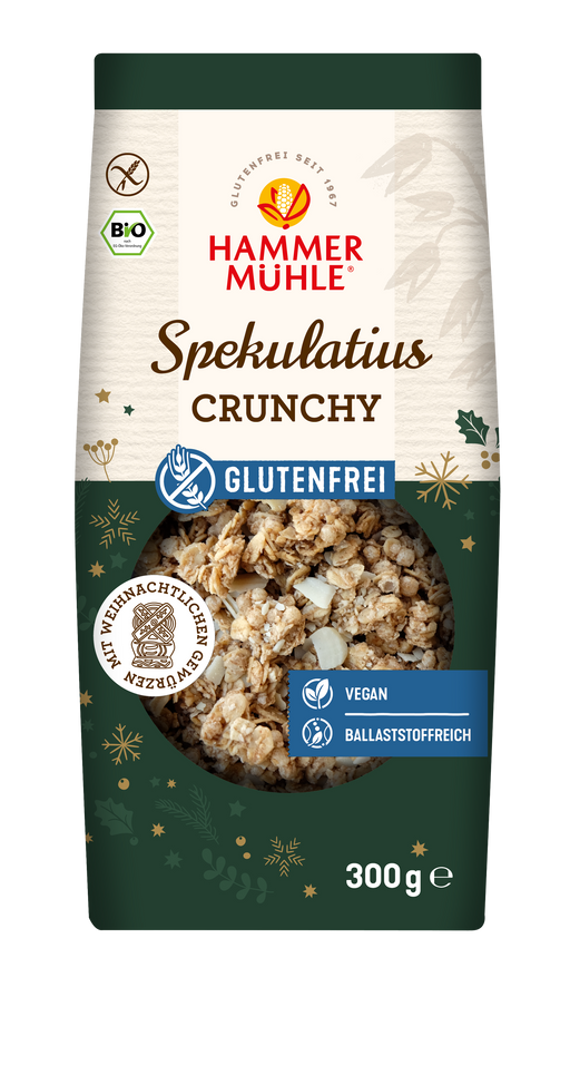 Spekulatius Crunchy 300g- Hammermühle Bio
Dieses Müsli kombiniert die unverwechselbaren Aromen des traditionellen Spekulatiusgebäcks mit einer extra knusprigen Textur, die jeden Bissen zu einem wahren Genuss macht.