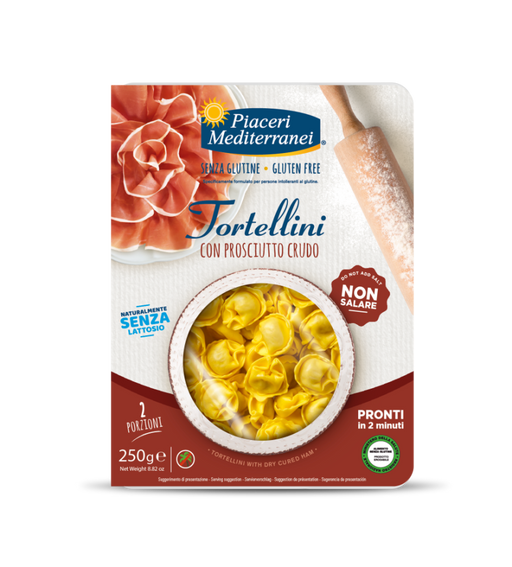 Tortellini Prosciutto Crudo 250g- Piaceri
Unsere glutenfreien Tortellini mit Rohschinken sind ein echter Klassiker – voller Geschmack und unwiderstehlich für alle am Tisch. Ein Genuss, der nie genug ist!