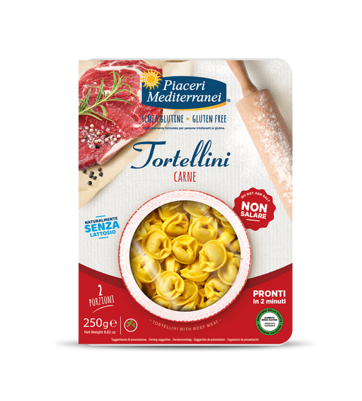 Tortellini con Carne 250g - Piaceri Mediterranei
Die Tortellini von Piaceri Mediterranei lassen sich in kürzester Zeit zubereiten und zeichnen sich durch ihre schmackhafte Rindfleischfüllung mit Grana Padano-Käse aus.