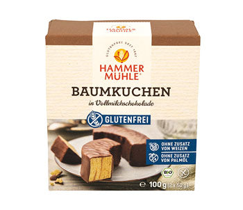 Baumkuchen in Vollmilchschokolade 100g  - Hammermühle bio
Leckerer glutenfreier Schichtkuchen mit Vollmilchschokolade umhüllt.