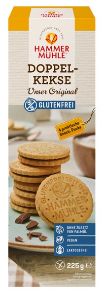 Doppelkekse mit Kakaocreme 225g - Hammermühle
 Doppelkekse mit 24 % Kokaocremefüllung sind laktosefrei und vegan.