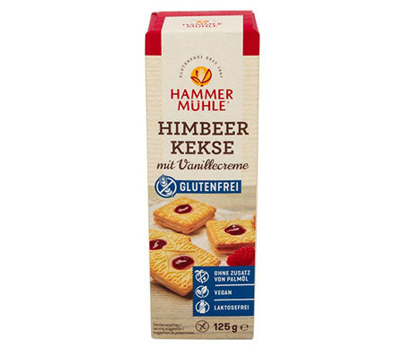 Himbeer Kekse mit Vanillecreme 125g - Hammermühle
Glutenfreie Himbeerkekse mit Vanillecreme von der Hammermühle. Glutenfreie Kekse mit 16 % Vanillecreme und Himbeerfruchtfüllung.