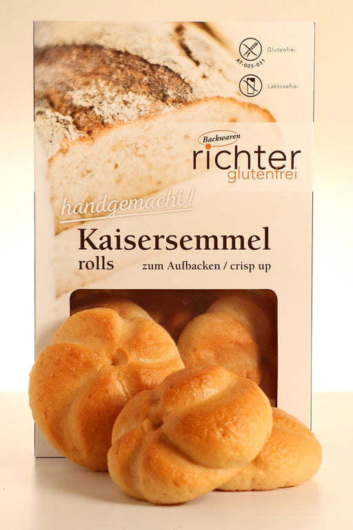 Kaisersemmeln 402g  - Richter glutenfrei
Die glutenfreien Kaisersemmeln von Richter glutenfrei sind sechs leckere Brötchen zum selbst aufbacken. Die glutenfreien Brötchen kurz im Ofen aufbacken, lecker belegen und fertig ist der Genuß. Ob mit herzhaftem oder süßem Belag, die Kaisersemmeln von Richter glutenfrei schmecken immer und überall und sind dabei frei von Gluten und frei von Laktose. Ein Genuss für die ganze Familie!
