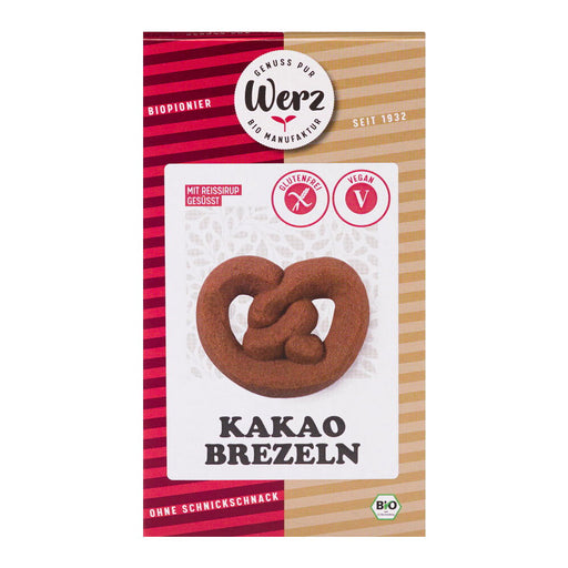 Kakao Brezeln 125g - Werz bio
 Kleine glutenfreie Reisbrezeln gesüßt mit Reissirup und Bio-Kakao.