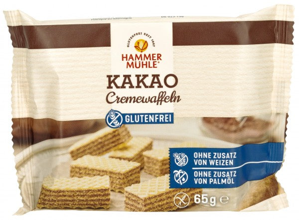 Kakao Cremewaffeln 65g  - Hammermühle
Glutenfreie Kakao Cremewaffeln von Hammermühle.