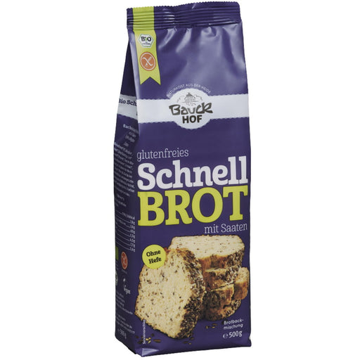 Schnellbrot mit Saaten ohne Hefe  500g - Bauckhof Bio
Schnellbrot von Baukhof ist eine glutenfreie Backmischung. Sie können in nur 60 Minuten ein knusprig- frisches glutenfreies Brot zaubern. Sie geben nur 500 ml Wasser zu der Mischung: Anrühren 2 Minuten, 0 Minuten gehen lassen, Backen 58 Minuten.