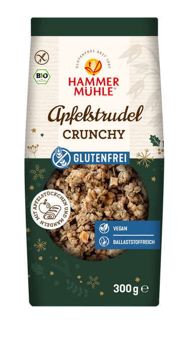 Apfelstrudel Crunchy 300g -Hammermühle Bio

Diese knusprige Spezialität vereint die fruchtigen Noten von saftigen Äpfeln, süßen Rosinen und dem wärmenden Aroma von Zimt – eine verlockende Mischung, die an den klassischen Apfelstrudel erinnert.