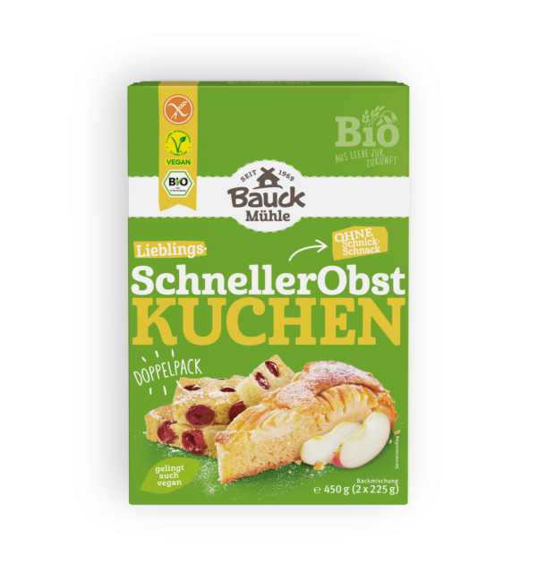 Backmischung Schneller Obstkuchen 450g - Bauck Mühle

Saftig. Schnell. Natürlich glutenfrei.

Mit der glutenfreien Bio-Backmischung „Schneller Obstkuchen“ von Bauck Mühle zauberst du im Handumdrehen herrlich lockeren Apfel- oder Obstkuchen.