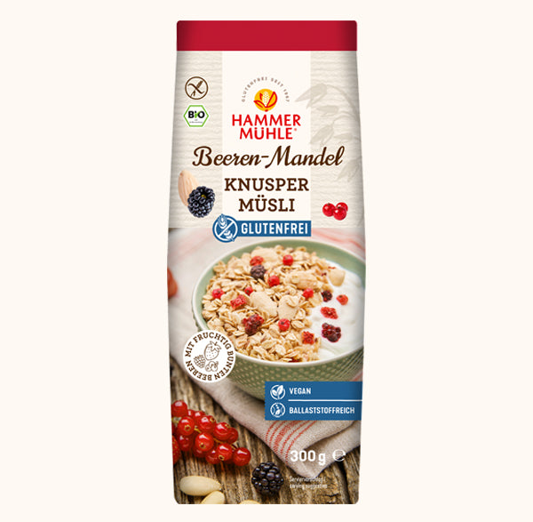Beeren-Mandel Knuspermüsli 300g-Hammermühle Bio

Der köstliche Mix aus glutenfreien Hafervollkornflocken, Mandeln, gefriergetrockneten Beeren und Leinsamen überzeugt dich bei jedem Löffel.