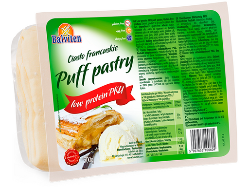 Blätterteig Glutenfrei 500g - Balviten

Glutenfreier Blätterteig von Balviten. Immer wieder frisch! Solange der Vorrat reicht! Mit diesem Teig machen Sie perfekte Strudelvariationen. Nach dem Auftauen oder im gelieferten Zustand, den glutenfreien Blätterteig nur noch in gewünschter Form ausrollen und nach Ihrem Geschmack belegen. Der Blätterteig ist glutenfrei, laktosefrei und eiweißarm PKU.