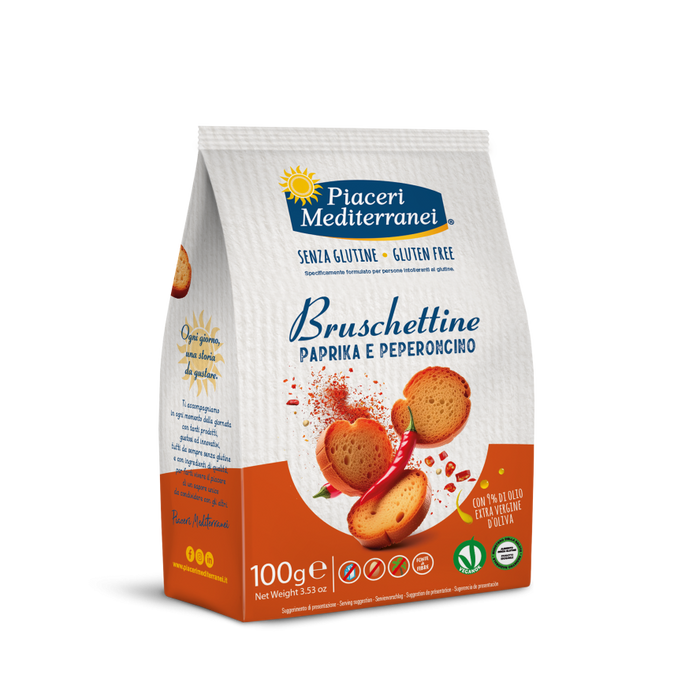 Bruschettine paprika e peperoncino 100g - Piaceri

Ein Snack mit Charakter, der den Gaumen wachküsst! Die Bruschettine Paprika e Peperoncino vereinen die sanfte, leicht süßliche Wärme der Paprika mit der lebhaften Schärfe von Chili.