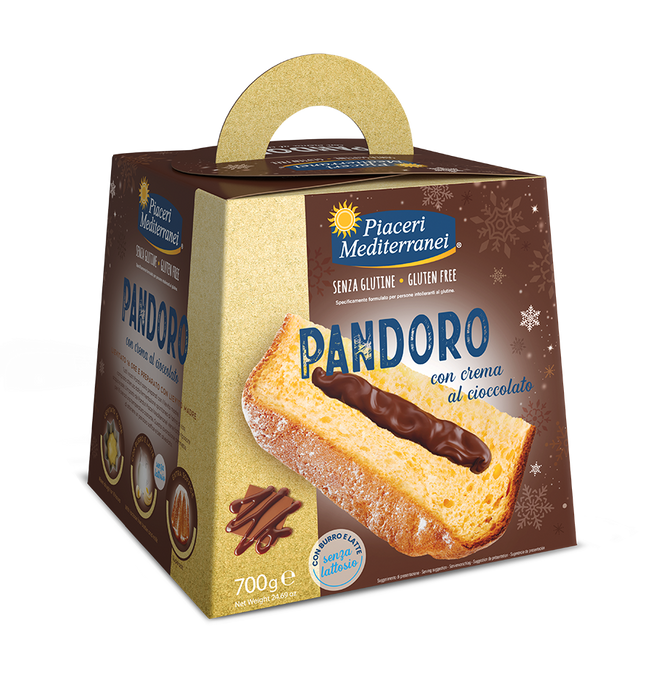 Chocolate Pandoro 700g - Piaceri

Extra weich, extra zart, extra lecker – und dazu ganz ohne Laktose!
Unser glutenfreier Pandoro mit feiner Schokoladencreme ist die perfekte süße Verführung für die Weihnachtszeit. Die klassische italienische Spezialität wird hier mit einer cremigen Schokofüllung veredelt – so wird dein Fest noch genussvoller.