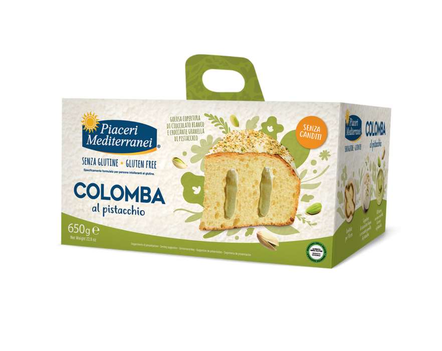 Colomba Pistacchio 650g - Piaceri

Ein Klassiker neu interpretiert: Unsere glutenfreie Colomba mit Pistaziencreme vereint traditionelle Osterbackkunst mit feinem Pistazienaroma.