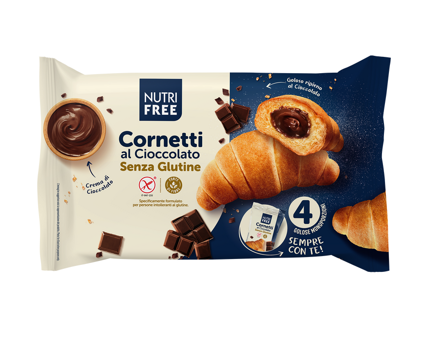Cornetti mit Schokofüllung 240g- Nutri Free 

Holen wir uns das Frühstück zurück!&nbsp;Die neuen Nutrifree Chocolate Croissants sind weich und duftend, gefüllt mit einer köstlichen Schokoladenfüllung