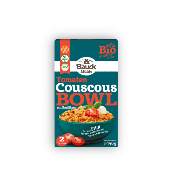 Couscous Bowl Tomate mit Basilikum glutenfrei 140g - Bauck Mühle

Tomatenflocken, Tomatenstücke sowie Basilikum, Petersilie und Knoblauch sorgen für ein rundes, mediterranes Aroma – perfekt als schnelle Bowl, Beilage oder leichtes Hauptgericht.