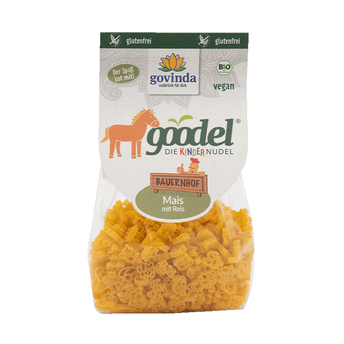 Goodel Kindernudel Bauernhof Mais mit Reis 250g - Govinda

Pasta-Liebe für die Kleinsten: Unsere Kinder-Goodel bringen nicht nur Geschmack, sondern auch Spaß auf den Teller! Gefertigt aus ausgewählten Zutaten wie Mais und Reis, sind sie besonders mild im Geschmack – perfekt für sensible Gaumen. Die liebevoll gestalteten Tierformen lassen Kinderaugen leuchten und machen jede Mahlzeit zum Erlebnis. Und das Beste: Sie sind glutenfrei – ideal für Kinder mit Zöliakie oder Glutensensitivität.