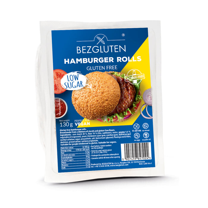 Hamburger 130g - Bezgluten

Weiche, luftige Hamburgerbrötchen ganz ohne Gluten – ideal für Burger, Sandwiches oder als Snack. Die Brötchen sind vegan, ballaststoffreich und mit Sesam verfeinert. In Schutzatmosphäre verpackt für extra lange Frische. Perfekt für Menschen mit Zöliakie oder alle, die bewusst genießen wollen – ohne Kompromisse beim Geschmack.