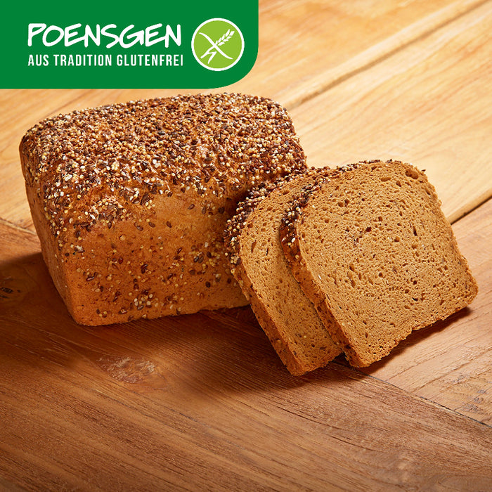 Körnerbrot glutenfrei 750g - Poensgen

Kernig, aromatisch und gut verträglich – das glutenfreie Körnerbrot überzeugt mit einer gelungenen Mischung aus handwerklicher Backkunst und angepasster Rezeptur. Im traditionellen Natursauerteigverfahren gebacken und mit DLG‑Silber 2015 ausgezeichnet, bietet es auch bei Unverträglichkeiten geschmackliche Tiefe und Qualität.