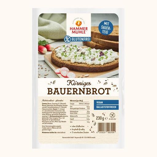 Körniges Bauernbrot 230g - Hammermühle

Mit seiner rustikalen Textur und dem nussig-aromatischen Geschmack ist es ein Genuss für alle, die bewusst genießen möchten. 