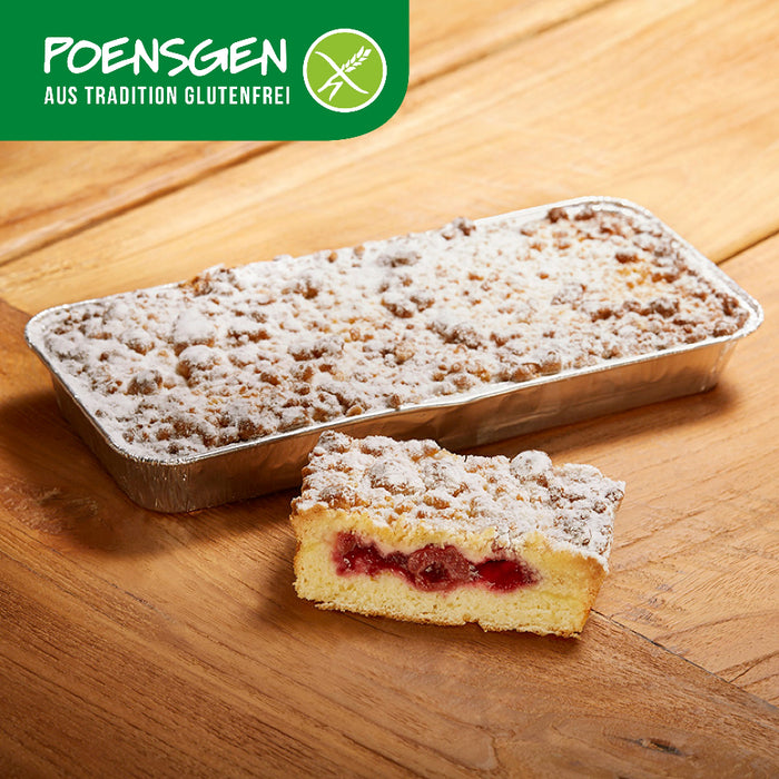 Kirschstreusel glutenfrei 500g - Poensgen

Fruchtig-süßer Genuss mit Handwerksqualität – unser glutenfreier Kirschstreusel kombiniert saftige Kirschen und knusprige Streusel auf fluffigem Teig. Voller Geschmack, rundum verträglich – ohne Gluten, aber mit viel Genuss.