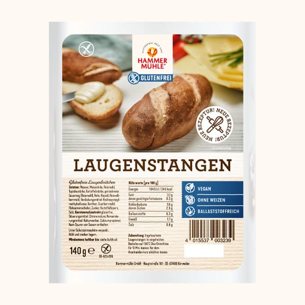 Laugenstangen 140g - Hammermühle

Unsere klassischen glutenfreien Laugenstangen überzeugen mit einer knusprigen Kruste und einem angenehm weichen Inneren.