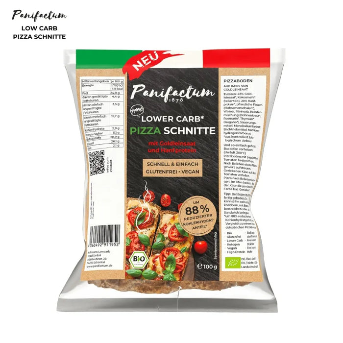 Lowcarb Pizza Schnitte 100g - Panifactum

Entdecke die perfekte Alternative zur klassischen Pizza! Unsere Low Carb Pizza Schnitte vereint authentischen Geschmack mit bewusster Ernährung – fertig gebacken, glutenfrei, vegan und mit 88 % weniger Kohlenhydraten als herkömmliche Pizza.
