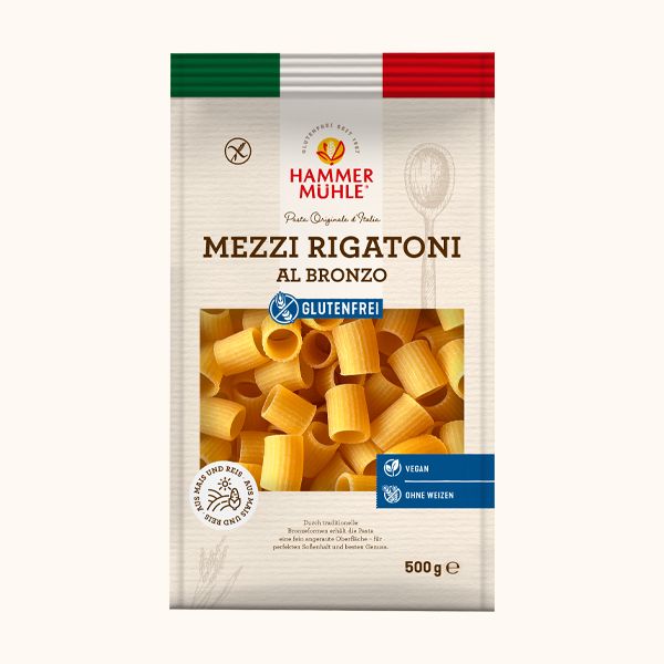 Mezzi Rigatoni 500g - Hammermühle

Unsere glutenfreien Mezzi Rigatoni bringen authentischen italienischen Genuss auf deinen Teller. Dank ihrer kompakten, mundgerechten Form lassen sie sich vielseitig einsetzen – ganz nach deinem Geschmack.