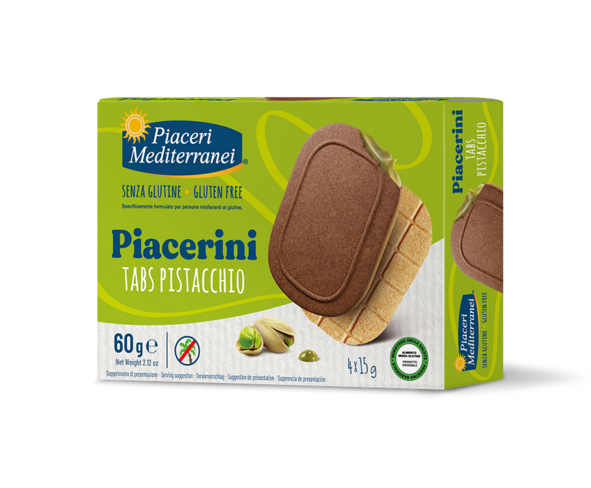 Pistachio Tabs 60g - Piaceri

Die Piacerini Tabs Pistacchio sind süße Snacks im handlichen Format – perfekt für zwischendurch. Zwei knusprige, glutenfreie Waffelhälften umschließen eine weiche Pistaziencreme und sorgen für ein ausgewogenes Zusammenspiel aus Geschmack und Textur.