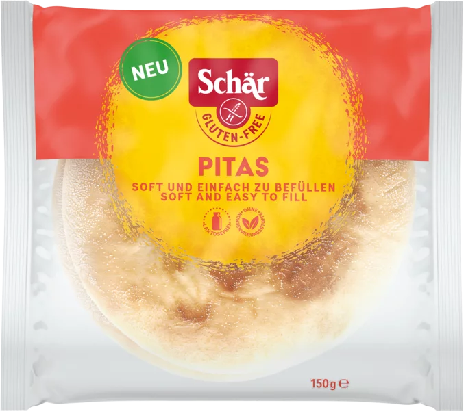 Pitas 150g - Schär

Unsere glutenfreien Pita-Fladenbrote sind ideal für alle, die Genuss und Qualität schätzen. Sie sind angenehm soft, lassen sich mühelos befüllen und passen perfekt zum Dippen, Belegen oder als Beilage.