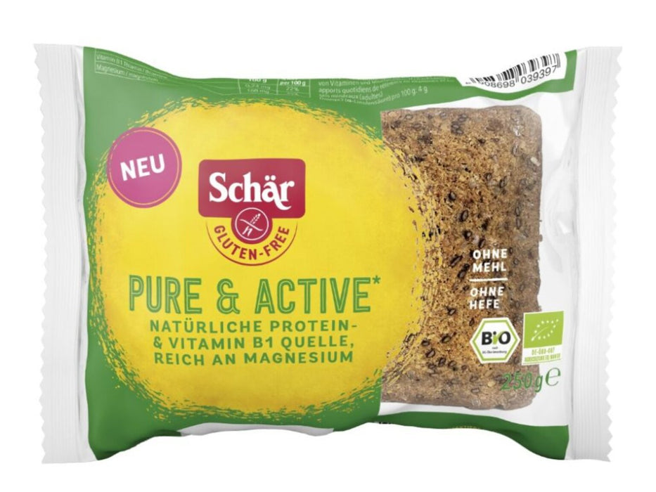 Pure & Active Brot geschnitten 250g - Schär

Das Schär Pure & Active Brot ist die perfekte Wahl für alle, die Wert auf eine bewusste Ernährung legen. Dieses Bio-Haferflockenbrot wird ganz ohne Mehl und Hefe hergestellt – stattdessen sorgen Sonnenblumenkerne, Leinsamen, Chiasamen und Kürbiskerne für einen kernig-nussigen Geschmack und eine extra Portion Nährstoffe.