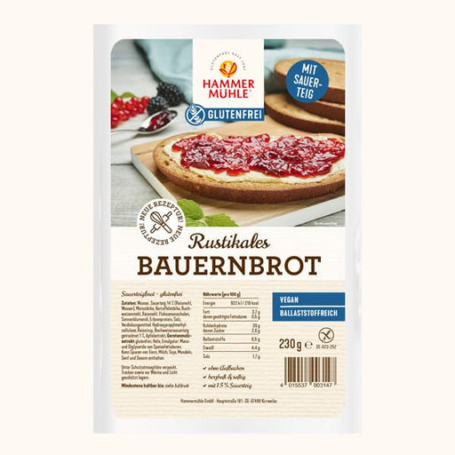 Rustikales Bauernbrot 230g - Hammermühle

Dieses glutenfreie, vegane Bio-Brot ist besonders leicht verdaulich und überzeugt durch seine rustikale Textur und den intensiven Geschmack. 