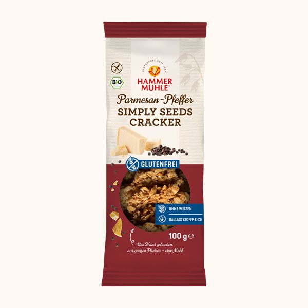 Simply Seeds Cracker Parmesan-Pfeffer 100g - Hammermühle

Für alle, die herzhafte, glutenfreie Snacks lieben: Unsere Simply Seeds Cracker mit Parmesan und Pfeffer sind genau das Richtige. Mit knackigen Leinsamen und glutenfreien Haferflocken bieten sie nicht nur einen intensiven Crunch, sondern auch eine Extraportion Ballaststoffe.