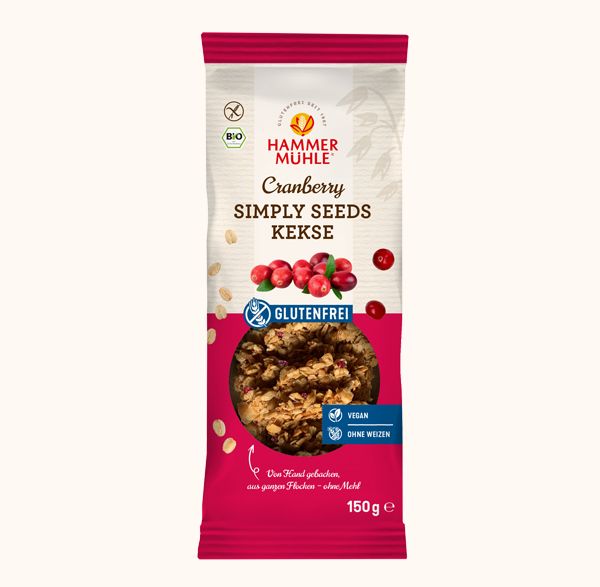 Simply Seeds Kekse Cranberry 150g - Hammermühle

Perfekt für unterwegs, ins Büro oder als fruchtiger Begleiter zu Kaffee oder Tee ☕🍒. Einfach knuspern und den natürlichen Geschmack der Cranberrys genießen!