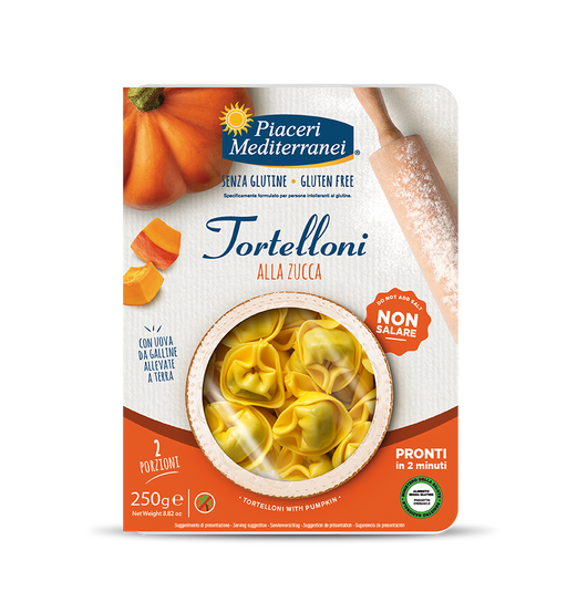 Tortelloni Zucca 250g - Piaceri

Die glutenfreien Tortelloni alla Zucca von Piaceri Mediterranei bringen herbstlichen Genuss direkt auf den Teller.