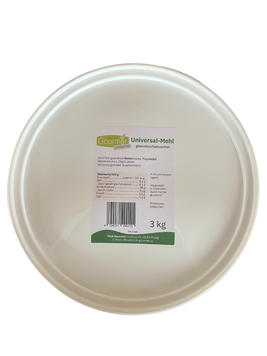 Universalmehlmischung 3kg Eimer - gluten/laktosefrei - Vital Gourmet

Das gluten und laktosefreie Universal&nbsp;Mehl&nbsp;(nach Finax Rezeptur ) dient als perfekte Grundlage für Speisen aller Art von Brot über Germspeisen bis Kuchen und Keksen und ersetzt wunderbar herkömmliches Weizenmehl.