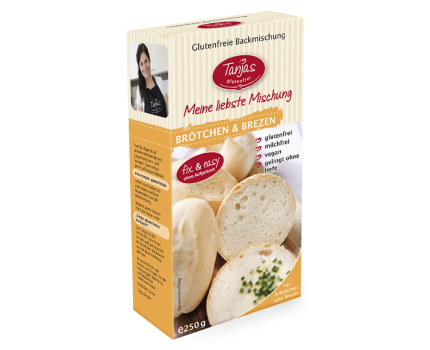 Backmischung für Brötchen & Brezen 250g - Tanjas glutenfrei

Wer Appetit auf leckere glutenfreie Brötchen hat, liegt bei dieser Mischung genau richtig! Die Brötchen stehen im Nu backfrisch auf dem Tisch! Nicht nur Brötchen, auch Brezen und andere Laugenbackwaren lassen sich im Handumdrehen aus der Mischung zaubern.&nbsp;