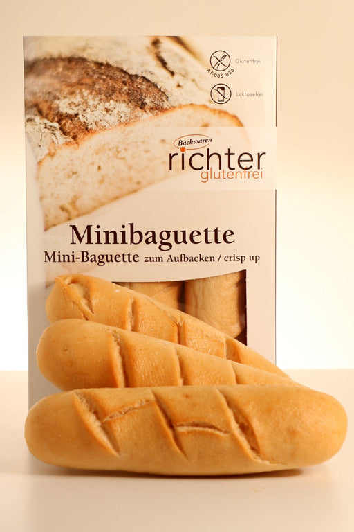 Mini Baguette 350g - Richter glutenfrei

Die glutenfreien Mini Baguette von&nbsp;Richter glutenfrei sind drei leckere Brötchen zum selbst aufbacken. Die glutenfreien Baguettes kurz im Ofen aufbacken, lecker belegen und fertig ist der Genuß. Mini Baguette, die einfache Möglichkeit für ein belegtes, glutenfreies Brot mit besonders gutem Geschmack. Einmal aufgebacken, schmecken die glutenfreien Brötchen stundenlang knusperfrisch.