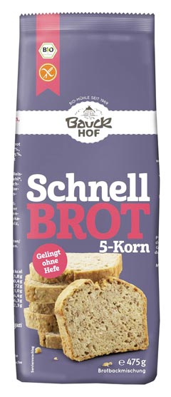 Schnellbrot 5-Korn 475g- Bauckhof Bio ( Ersatz für Schnellbrot Dunkel )

Die glutenfreie Brotbackmischung Schnellbrot 5-Korn von Bauckhof. Gelingt ohne Hefe. Geben Sie einfach 475 ml Wasser zu der Backmischung und schieben die glutenfreie Backmixtur mit einer beliebigen Brotbackform in den Ofen. Schon nach 60 Minuten ist das glutenfreie Brot fertig und sie können es zusammen mit ihrer Familie genießen.