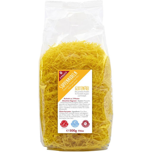 Suppennudeln 500g - 3 Pauly

Die glutenfreien Suppennudeln aus dem Hause Rabenhorst sind allergenarme Nudeln. Hergestellt werden sie aus Mais-und Kichererbsenmehl. Zöliakie Betroffene können nun jegliche Arten von Suppen mit den glutenfreien Suppenudeln verfeinern und ein kräftigen Geschmack in ihre Rezeptur bringen. Zudem sind die glutenfreien Nudeln laktosefrei und fructosearm, somit besonders verträglich.